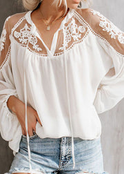 Fine White V Neck Lace Patchwork Shirt Fall