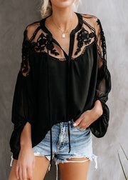Fine White V Neck Lace Patchwork Shirt Fall