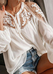 Fine White V Neck Lace Patchwork Shirt Fall