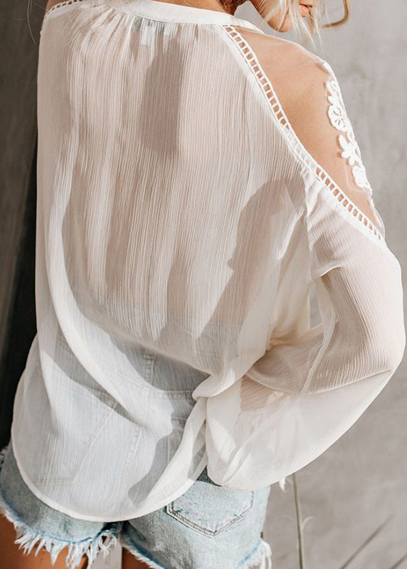 Fine White V Neck Lace Patchwork Shirt Fall