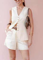 Fine White V Neck Linen Vests And Shorts Two Pieces Set Summer