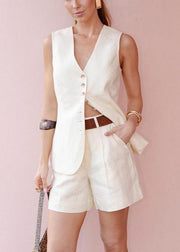 Fine White V Neck Linen Vests And Shorts Two Pieces Set Summer