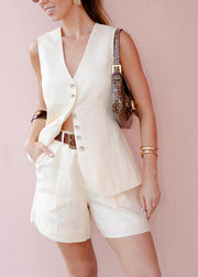 Fine White V Neck Linen Vests And Shorts Two Pieces Set Summer
