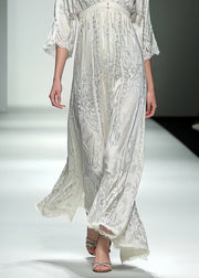 Fine White V Neck Print Chiffon Long Dress Summer