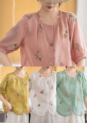 Fine Yellow O-Neck Embroidered Linen Tops Summer