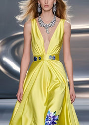 Fine Yellow Print Exra Large Hem Silk Party Dress Summer