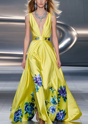 Fine Yellow Print Exra Large Hem Silk Party Dress Summer