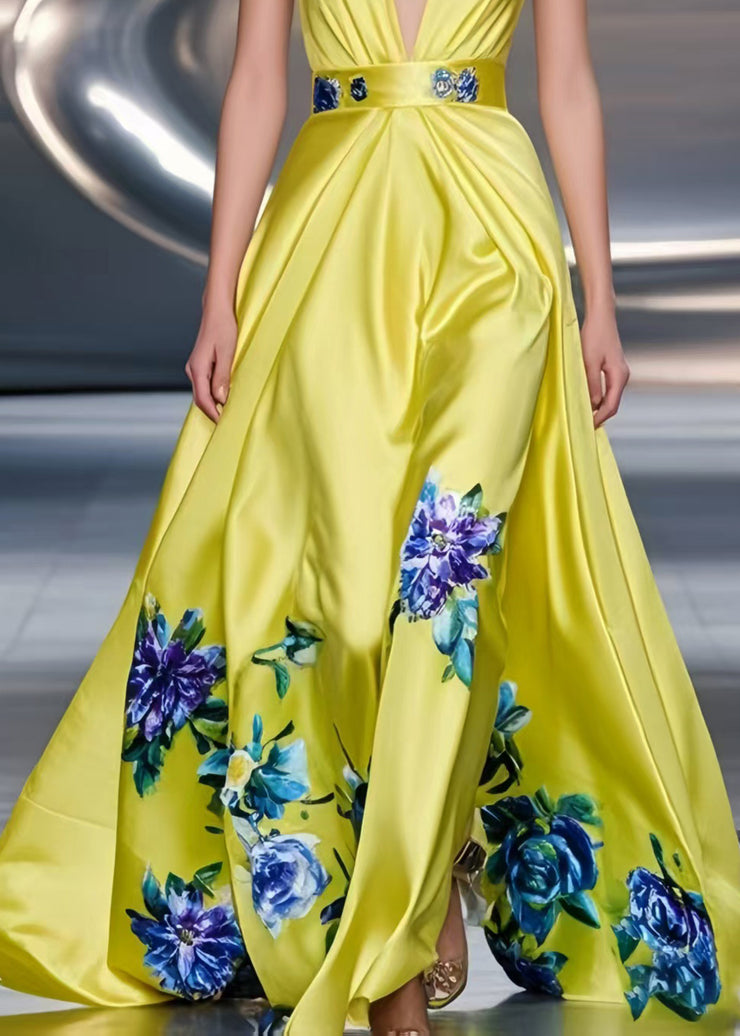 Fine Yellow Print Exra Large Hem Silk Party Dress Summer