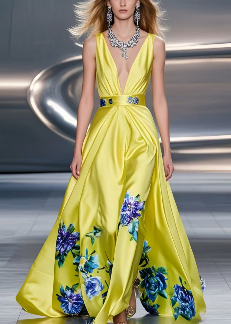 Fine Yellow Print Exra Large Hem Silk Party Dress Summer