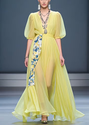 Fine Yellow Puff Sleeve Patchwork Chiffon Dress Summer