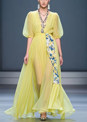Fine Yellow Puff Sleeve Patchwork Chiffon Dress Summer