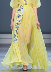 Fine Yellow Puff Sleeve Patchwork Chiffon Dress Summer
