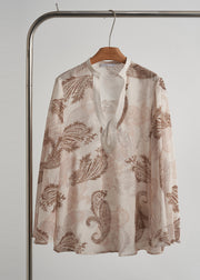 Fitted Apricot Oversized Print Cotton Shirts Fall