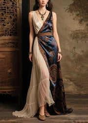 Fitted Asymmetrical Patchwork Exra Large Hem Silk Tunic Dress Summer