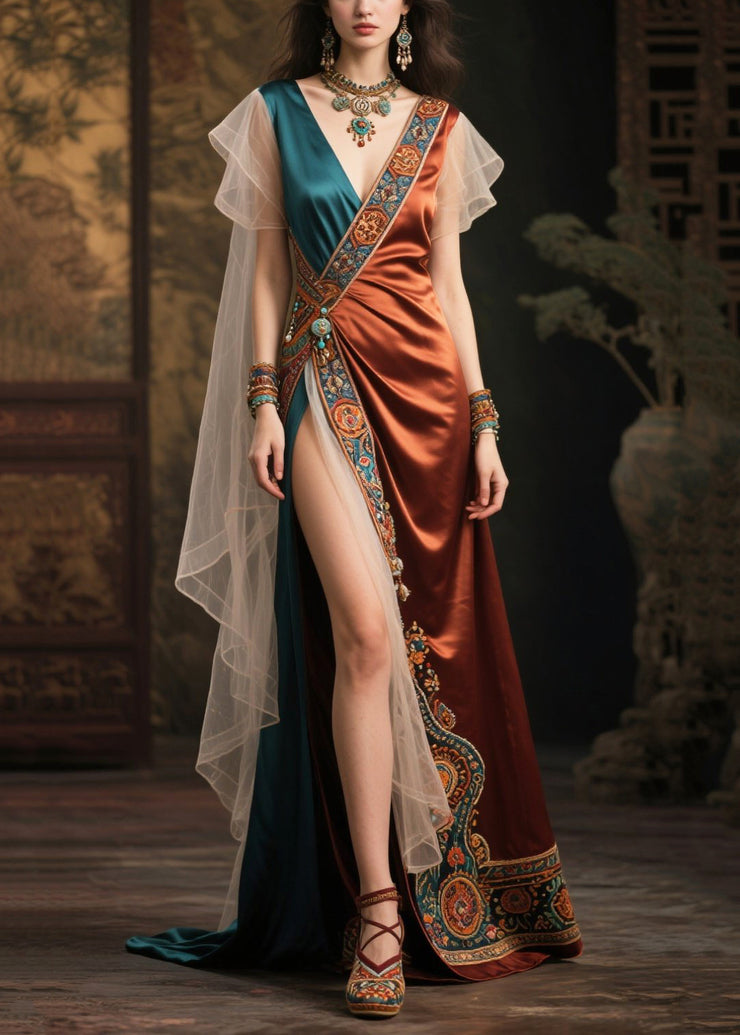 Fitted Asymmetrical Patchwork Side Open Evening Dress Summer