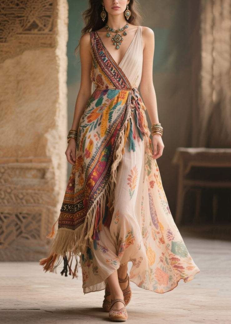 Fitted Beige Asymmetrical Tasseled Chiffon Cami Dress Summer