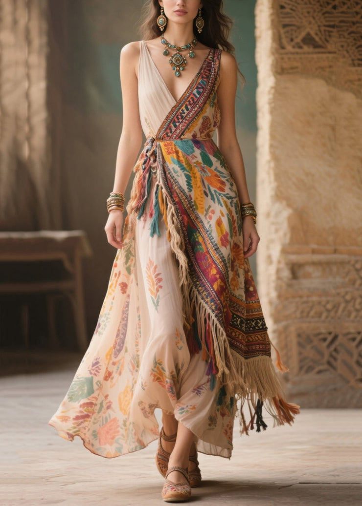 Fitted Beige Asymmetrical Tasseled Chiffon Cami Dress Summer