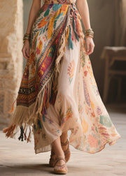 Fitted Beige Asymmetrical Tasseled Chiffon Cami Dress Summer