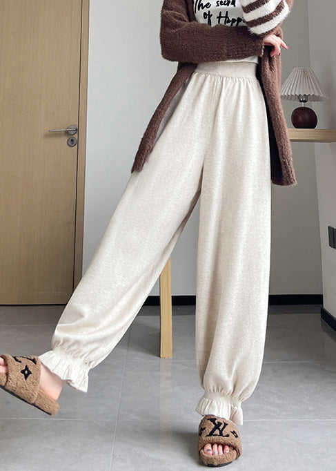 Fitted Beige Elastic Waist Knit Lantern Pants Fall