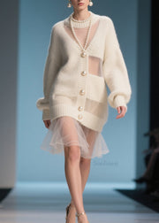 Fitted Beige O Neck Tulle Patchwork Knit Sweater Dress Fall