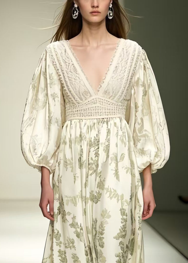 Fitted Beige V Neck Print Silk Vacation Dresses Lantern Sleeve