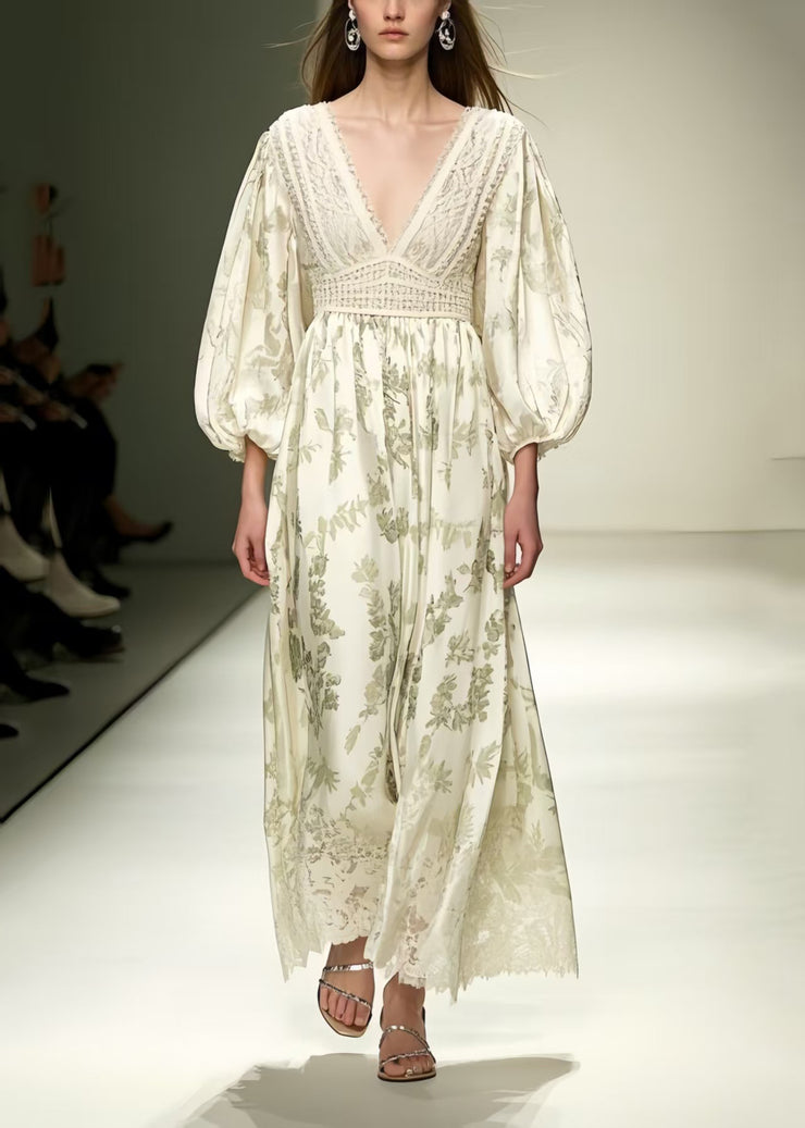 Fitted Beige V Neck Print Silk Vacation Dresses Lantern Sleeve