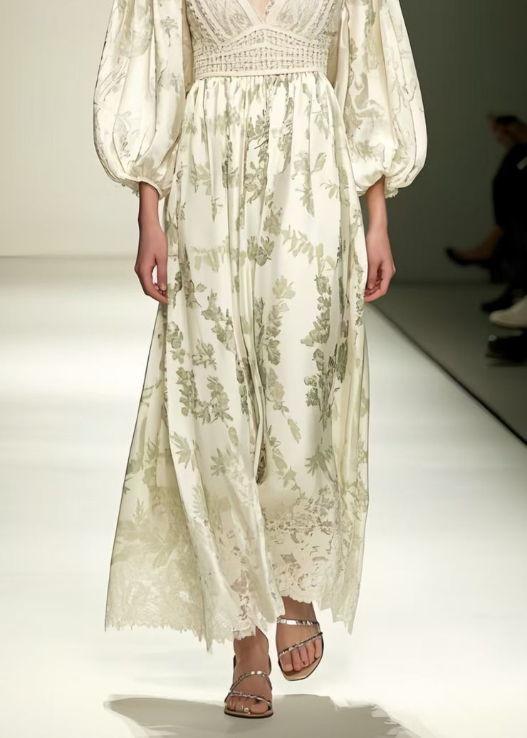 Fitted Beige V Neck Print Silk Vacation Dresses Lantern Sleeve