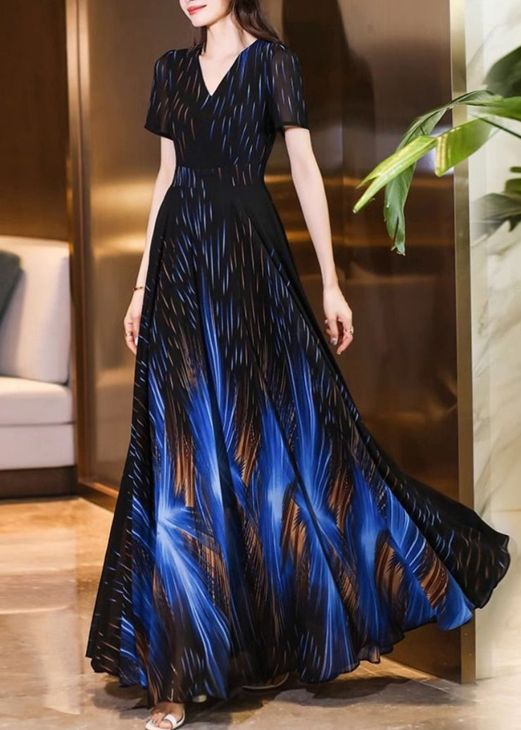 Fitted Black Blue V Neck Print Chiffon Maxi Dresses Summer