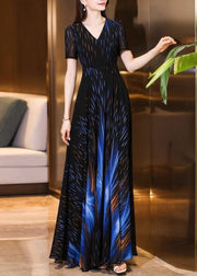 Fitted Black Blue V Neck Print Chiffon Maxi Dresses Summer