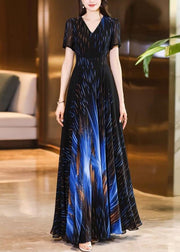 Fitted Black Blue V Neck Print Chiffon Maxi Dresses Summer