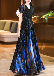 Fitted Black Blue V Neck Print Chiffon Maxi Dresses Summer