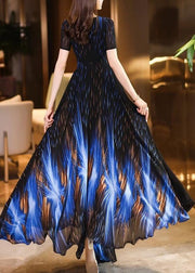 Fitted Black Blue V Neck Print Chiffon Maxi Dresses Summer