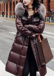 Black Fox Collar Drawstring Zipper Long Cotton Coat for Winter