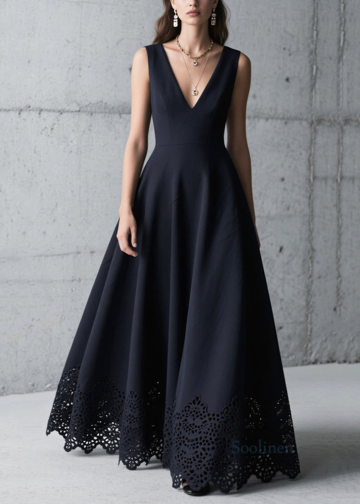 Fitted Black Hollow Out Exra Large Hem Chiffon Dress Summer