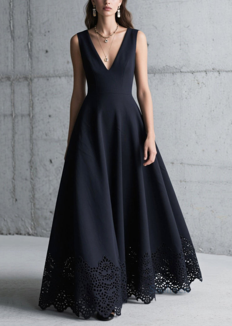 Fitted Black Hollow Out Exra Large Hem Chiffon Dress Summer
