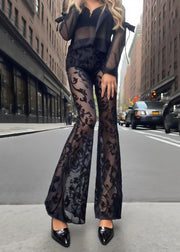 Fitted Black Jacquard Patchwork Tulle Flared Pants Trousers Summer
