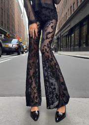 Fitted Black Jacquard Patchwork Tulle Flared Pants Trousers Summer