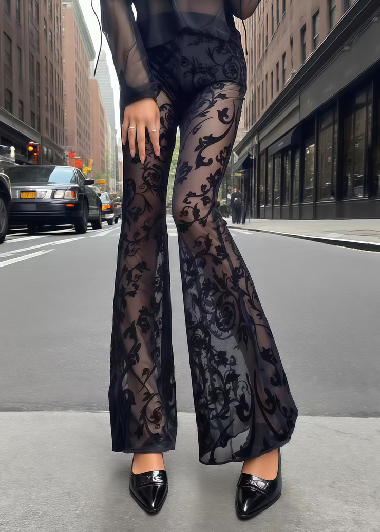 Fitted Black Jacquard Patchwork Tulle Flared Pants Trousers Summer