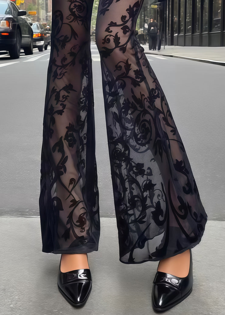Fitted Black Jacquard Patchwork Tulle Flared Pants Trousers Summer