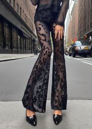 Fitted Black Jacquard Patchwork Tulle Flared Pants Trousers Summer