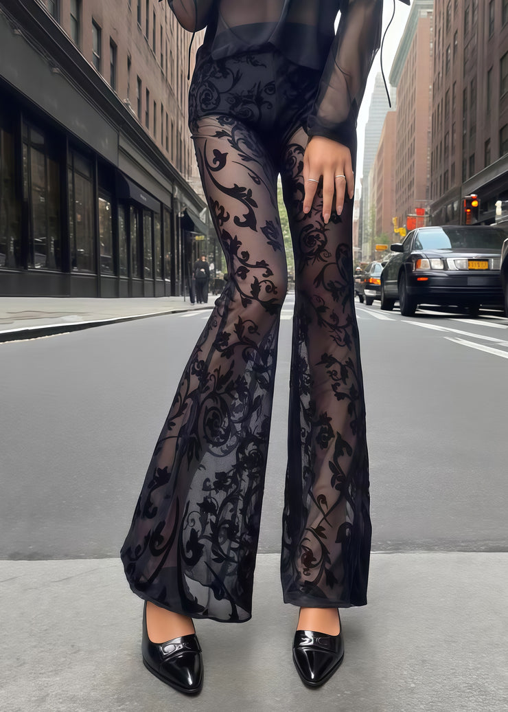 Fitted Black Jacquard Patchwork Tulle Flared Pants Trousers Summer