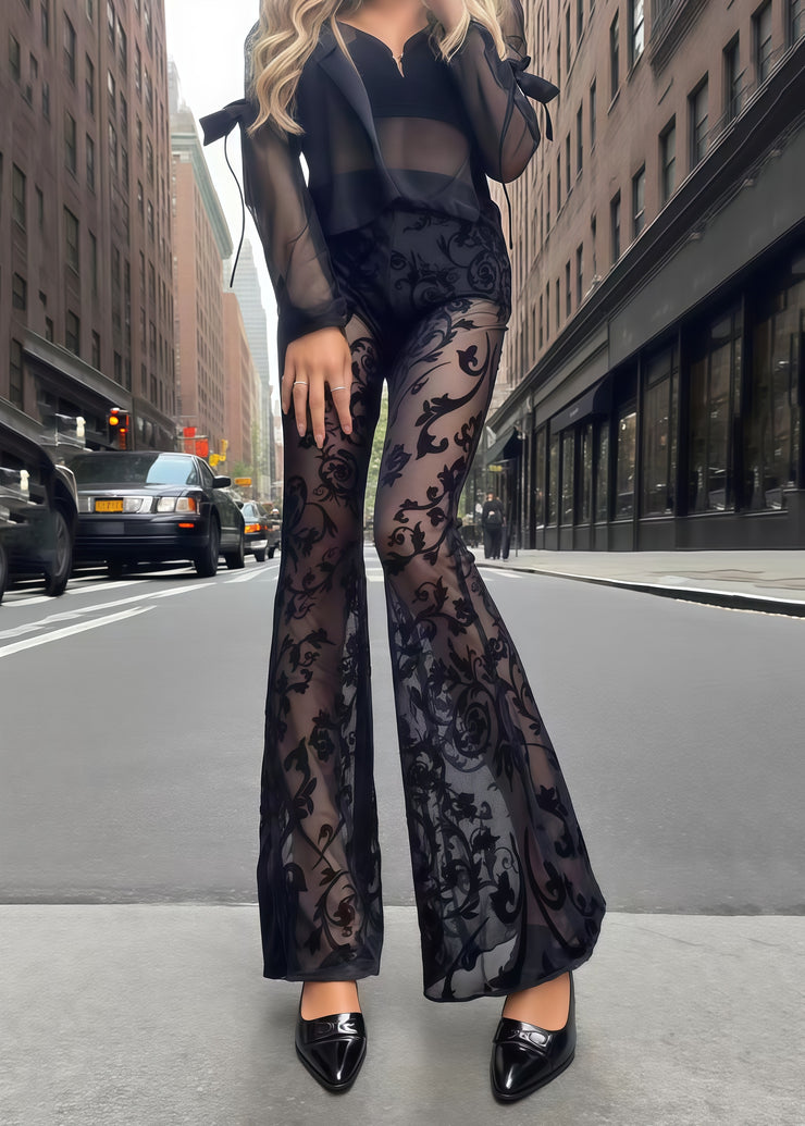 Fitted Black Jacquard Patchwork Tulle Flared Pants Trousers Summer