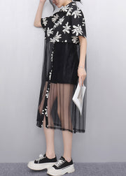 Fitted Black Peter Pan Collar Print Tulle Patchwork Holiday Long Dress Summer