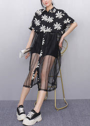 Fitted Black Peter Pan Collar Print Tulle Patchwork Holiday Long Dress Summer