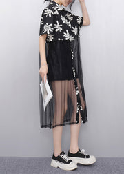 Fitted Black Peter Pan Collar Print Tulle Patchwork Holiday Long Dress Summer