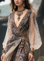 Fitted Black Print Side Open Chiffon Vacation Dresses Summer