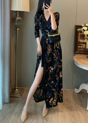 Fitted Black Tunic Print Side Open Long Dresses Summer