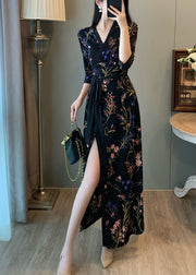 Fitted Black Tunic Print Side Open Long Dresses Summer