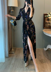 Fitted Black Tunic Print Side Open Long Dresses Summer
