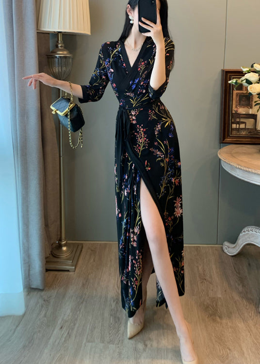 Fitted Black Tunic Print Side Open Long Dresses Summer